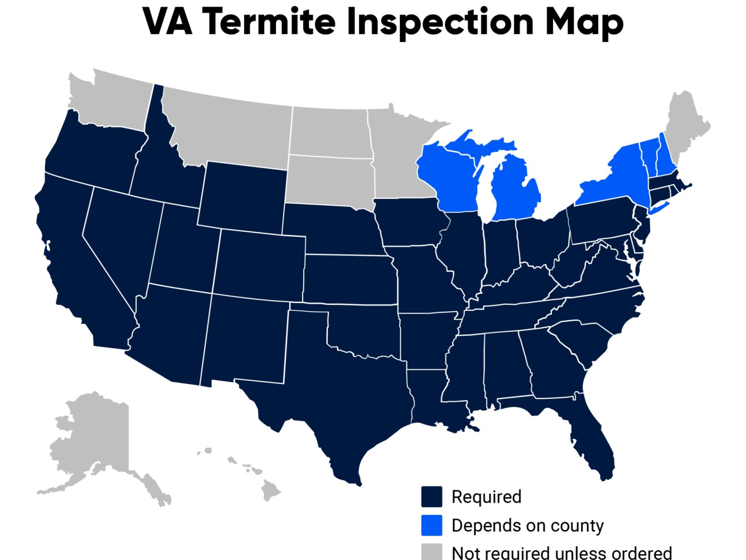 U.S. map showing which states require termite and pest inspections for a VA loan.
