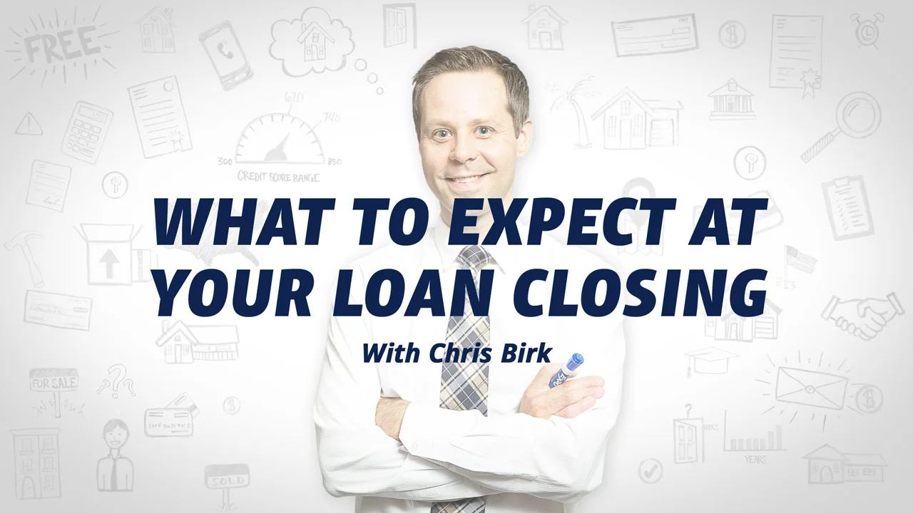 Smiling man in a white shirt and tie with text 'What to Expect at Your Loan Closing with Chris Birk' over a white background with financial icons.