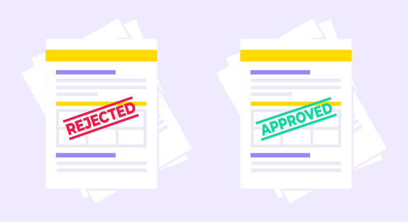 An illustration of two piles of documents, one stamped with "REJECTED" in red and the other with "APPROVED" in green, indicating contrasting outcomes for applications.